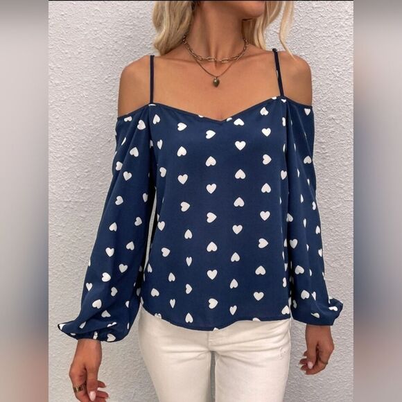 Emery Rose Blue & White Heart Cold Shoulder Blouse (M) - Picture 3 of 11